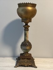 Victorian Brass Banquet Oil Lamp with Pink Opaline Glass Font and Ruffled Cranberry Satin Shade — listing 4