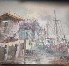 Framed Oil Painting Harbor Seascape with Sailing Boats and Figures, Signed — listing 6