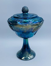 Indiana Glass Blue Carnival Glass Two-Handled Rose Bowl (Open Rose / Wild Rose Pattern) — listing 5