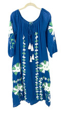 Dolma Cotton Linen Block-Print Dress, Blue Floral Medallion Pattern, Size S — listing 6