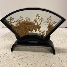 Vintage Chinese Carved Cork Diorama with Pagoda, Junk Boat and Landscape in Black Lacquer Frame, listing 4