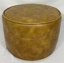 Vintage Mid-Century Kidney-Shaped Tufted Vinyl Footstool with Turned Wood Legs — listing 2