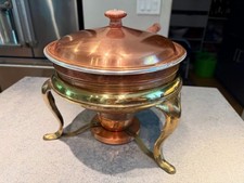 Antique Copper Chafing Dish with Domed Lid on Brass Stand with Burner — listing 3
