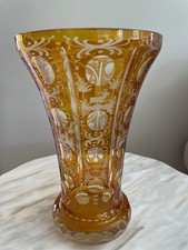 Pair of Bohemian Amber Cut-to-Clear Engraved Glass Trumpet Vases, Floral Motif, 9.5" Tall — listing 2