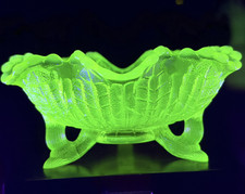 Antique Vaseline/Uranium Glass Footed Bowl with Opalescent Scalloped Rim and Floral Pattern, 8.5" — listing 2