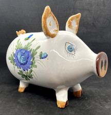 Vintage 1962 Italian Hand-Painted Ceramic Piggy Bank, Blue & Yellow Stripes — listing 6