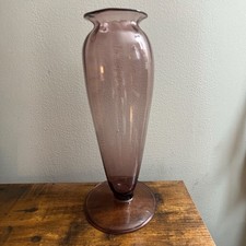 Blenko Handcraft Amethyst Art Glass Vase with Textured Circle Pattern and Green Rim