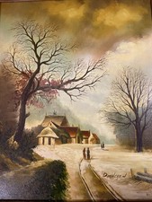 Vintage Original Oil Painting, Snowy Winter Cottage at Twilight, Framed Landscape — listing 4