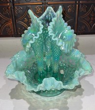 Fenton White Milk Glass Hobnail Ruffled Epergne, 3-Horn Bowl Set, 6 1/2 inches, listing 5