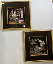 Pair of Vintage Thai Silkscreen Prints on Black Silk — Royal Barge & War Elephants — listing 2