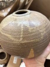 Studio Art Pottery Vase with Blue Drip Glaze and Ruffled Rim