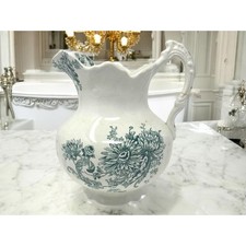 Antique Victorian Teal Green Transferware Chrysanthemum Wash Set - Pitcher & Covered Dish (2 pieces) — listing 4