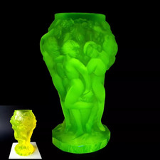 Vaseline / Uranium Glass Floral Embossed Rose Bowl Vase, Yellow, 5 inches — listing 2