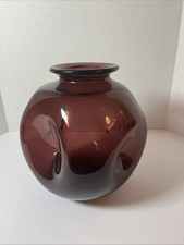 Blenko Handcraft Amethyst Art Glass Vase with Textured Circle Pattern and Green Rim — listing 3