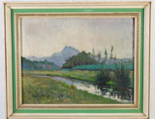 Original Impressionist Landscape Oil Painting of Mountain Stream with Trees, Signed