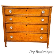 Antique Birdseye Maple Serpentine 4-Drawer Vanity Dresser with Lyre-Form Oval Mirror — listing 2
