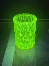 Antique Uranium Glass Miniature Toothpick Holder, Green Pressed Glass with Scalloped Rim, 2 inches tall — listing 6