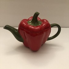 Figural Red Bell Pepper Teapot with Green Stem Lid, Handle and Spout — listing 3
