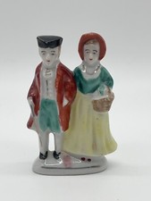 Colonial Courting Couple Porcelain Figurine, Lady with Harp and Gentleman on Bench, Blue and Gold Victorian Style