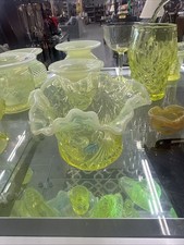 Antique Victorian Vaseline / Uranium Glass Ruffled Bowl with Applied Feet, Yellow Opalescent, 7 inch — listing 6