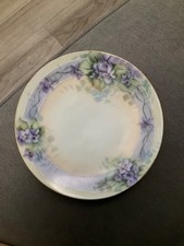 Antique Hand-Painted Porcelain Handled Cake Plate with Violets and Gold Trim