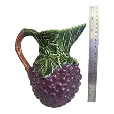 Vintage Majolica-Style Grape & Leaf Relief Pitcher, Brown & Green Drip Glaze — listing 3