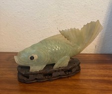 Chinese Carved Yellow Jade / Serpentine Koi Fish Figurine on Wood Stand — listing 5