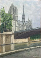 Vintage Mid-Century Oil Painting of Notre Dame Cathedral & Seine, Paris Street Scene, Signed, Framed 42" x 32" — listing 3