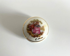 Vintage Limoges-Style Round Pill Box with Black & Gold Fragonard Courting Couple Porcelain Plaque — listing 2