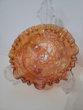 Marigold Carnival Glass Three-Footed Rose Bowl with Daisy/Cabbage Rose Pattern — listing 2