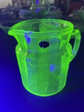 Vintage Uranium Green Depression Glass Pitcher & 4 Tumbler Set with Etched Grape Motif — listing 3