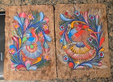 Vintage Mexican Amate Bark Paper Folk Art Painting - Bird, Deer & Florals in Carved Silvered Frame — listing 3