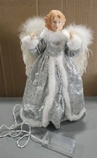 Christmas Angel Tree Topper with Porcelain Face, Red Plaid Gown, Faux Fur Trim and Feather Wings — listing 6