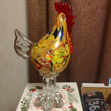 Hand-Blown Art Glass Rooster Figurine, Blue with Red Comb, Murano Style — listing 5