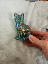 Fenton Blue Carnival Glass Sitting Cat Figurine with Hand-Painted Daisies — listing 3