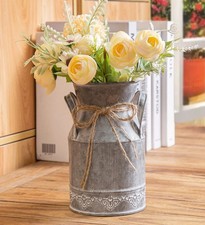 Decorative Galvanized Metal Milk Can Vase with Woven Basket Weave Sleeve — listing 6