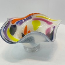 Hand-Blown Art Glass Pedestal Vase with Cream Crackle Bowl and Clear Looped Stem
