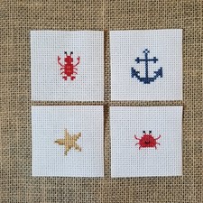 Set of 3 Framed Nautical Cross-Stitch Needlework Pictures (Sand Dollar, Conch Shell, Seahorse)