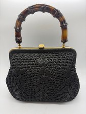 Vintage 1960s Black Wicker Box Purse with Faux Pearl & Brass Studs, Leather Trim, Made in Hong Kong — listing 6