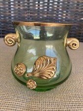 Vintage Bohemian/Venetian Style Green Glass Footed Vase with Gold Gilt Decoration — listing 2