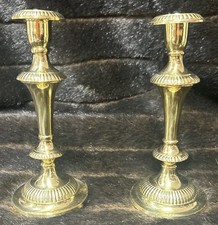 Pair of Vintage Solid Brass Turned Candlesticks with Faceted Knop and Square Stepped Bases — listing 4