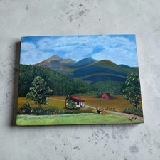 Vintage Original Oil Painting on Canvas, Alpine Mountain Lake Landscape with Cottage, Signed — listing 6