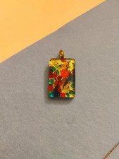 Murano-Style Lampwork Art Glass Teardrop Pendant with Copper Swirl Foil, Organza Ribbon Cord — listing 3