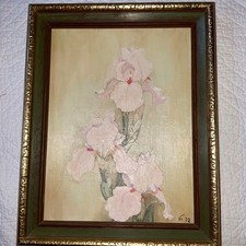 Original Oil Painting of Pink Chrysanthemums in Vase, Gold Framed Floral Still Life — listing 5