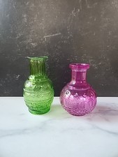 Set of 3 Small Colored Glass Bud Vases and Miniature Bottle (Cobalt Hobnail, Aqua Ribbed Bottle, Green Bubble Glass)