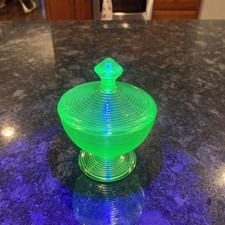 Vintage Uranium Green Glass Covered Candy Dish / Compote with Floral Pressed Pattern — listing 2