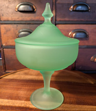 Uranium Glass Footed Compote with Ruffled Rim and Etched Floral Design, listing 3