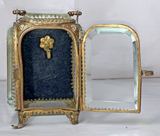Vintage Ormolu Filigree Jewelry Casket with Beveled Yellow Glass Lid and Slag Glass Body