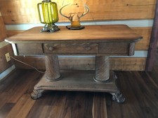 Antique American Oak Round Dining Table with Carved Claw Feet and Fluted Legs — listing 4