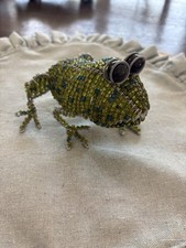 Multi-Color Glass Beaded Frog Figural Drawstring Bag with Lily Pads and Flowers